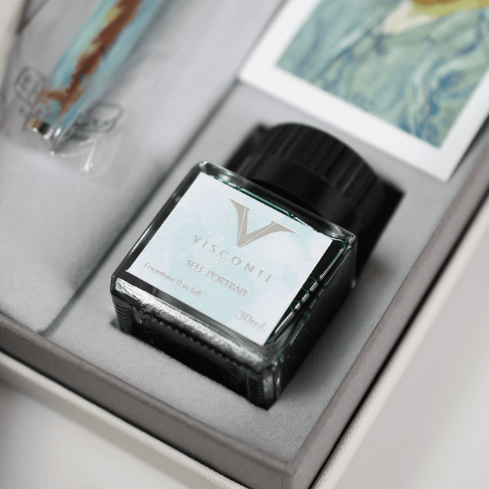 Visconti Van Gogh Self Portrait fountain pen with fine nib, featuring detailed artwork on the pen body.