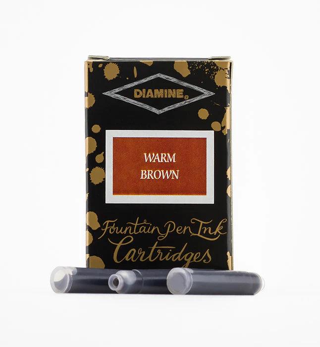 Diamine warm brown fountain pen ink cartridges in international size, shown in a row for smooth ink flow and writing.