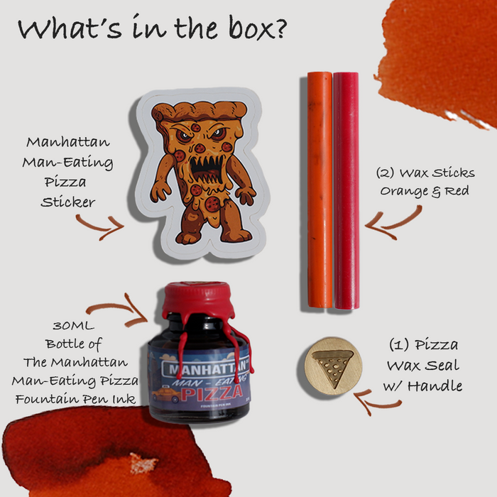 Papier Plume Manhattan Man-Eating Pizza fountain pen ink set with colorful ink bottles and packaging, ideal for writing enthusiasts.