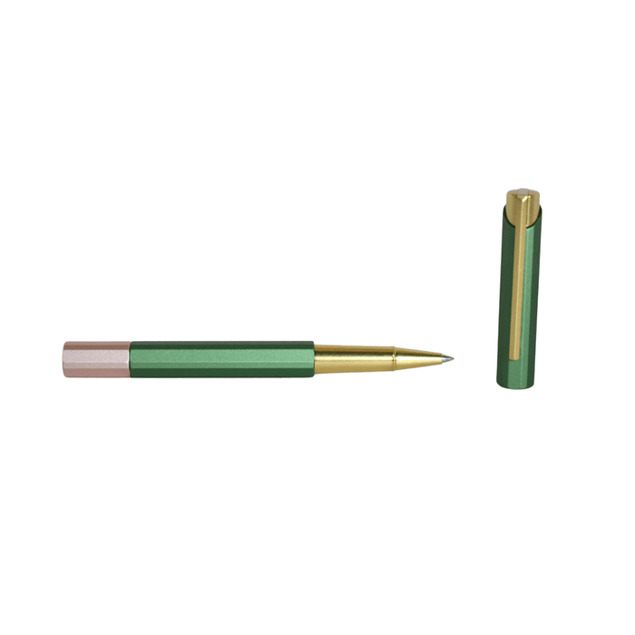 Y Studio Glamour Evolve Rollerball Pen in Absinthe green with sleek design and metallic accents, displayed on a white background.