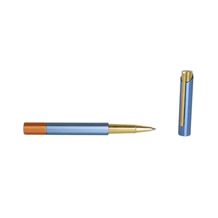 Y Studio Glamour Evolve Blue Gin rollerball pen with sleek blue design and elegant metal accents.