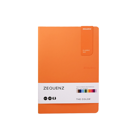 Orange Zequenz A5 dotted journal with colorful cover and dotted pages for writing and note-taking.