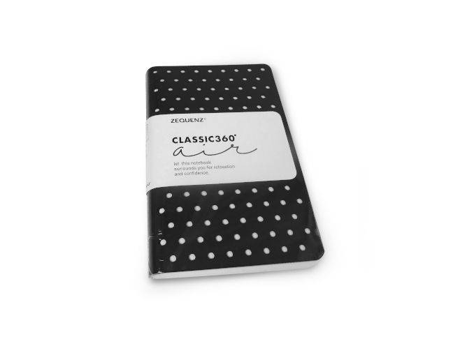 Zequenz Classic 360 Air journal in black with rounded corners and spiral binding, featuring a smooth cover and compact size.