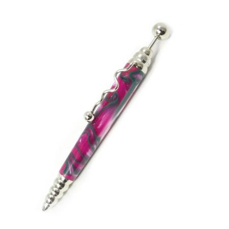 Jean-Pierre Lepine Zig Zag pink ballpoint pen with green filet design, featuring a stylish zigzag pattern.
